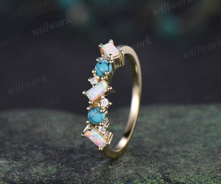 Turquoise ring cluster baguette cut opal wedding band 14k yellow gold moissanite Multi-stone ring unique dainty bridal ring women gift