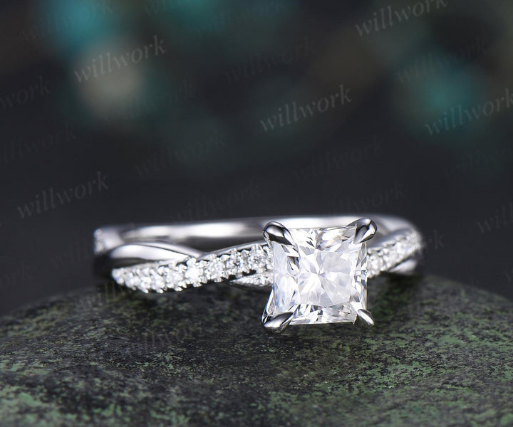 Princess cut IGI lab grown diamond engagement ring solid 14k white gold 3/4 eternity rope wrapping promise ring women