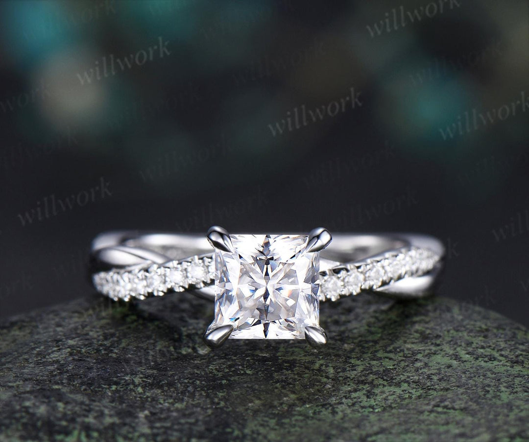 Princess cut IGI lab grown diamond engagement ring solid 14k white gold 3/4 eternity rope wrapping promise ring women
