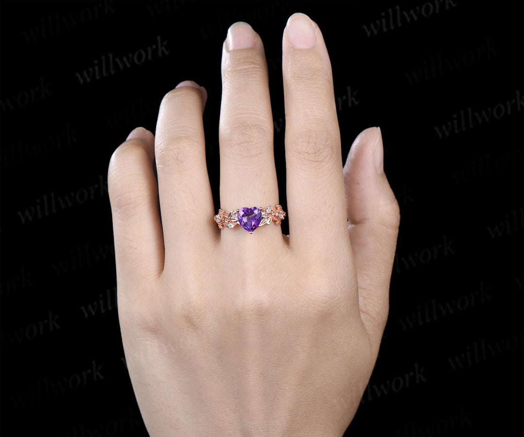 Heart shaped purple amethyst ring rose gold infinity cross leaf nature inspired engagement ring art deco diamond anniversary ring gift
