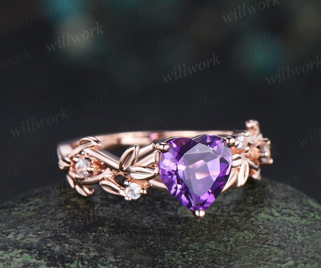 Heart shaped purple amethyst ring rose gold infinity cross leaf nature inspired engagement ring art deco diamond anniversary ring gift