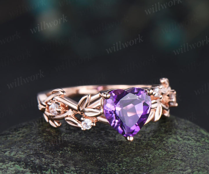 Heart shaped purple amethyst ring rose gold infinity cross leaf nature inspired engagement ring art deco diamond anniversary ring gift