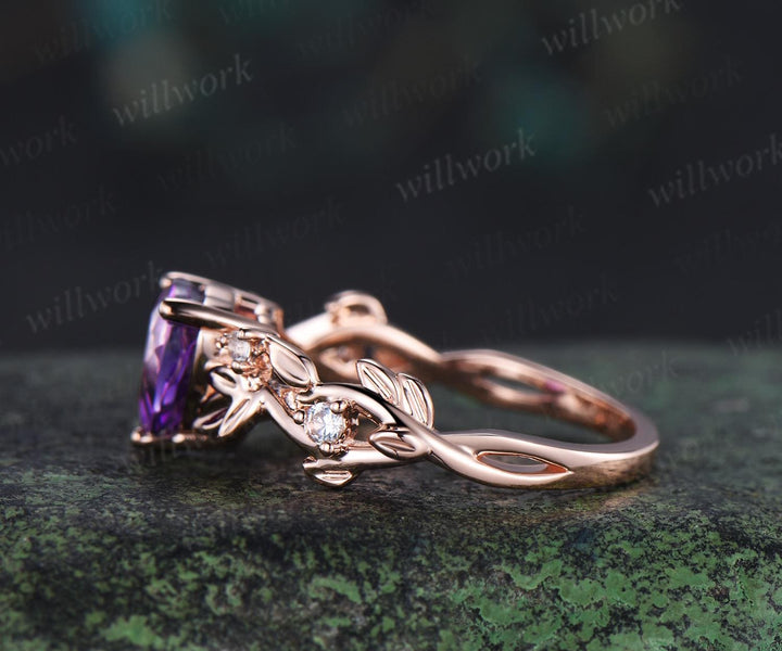 Heart shaped purple amethyst ring rose gold infinity cross leaf nature inspired engagement ring art deco diamond anniversary ring gift