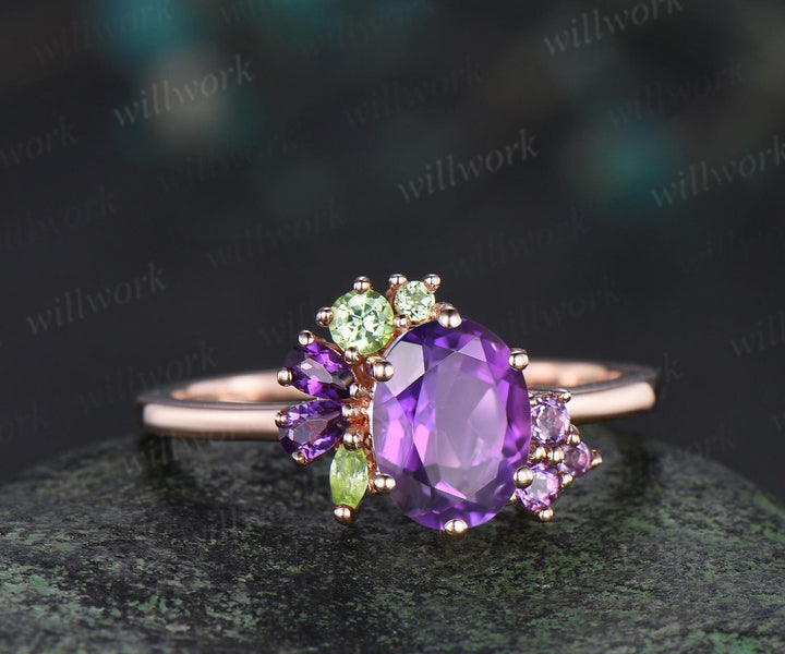Oval cut purple amethyst engagement ring 14k rose gold cluster peridot ring women anniversary gift for her February birthstone ring silver
