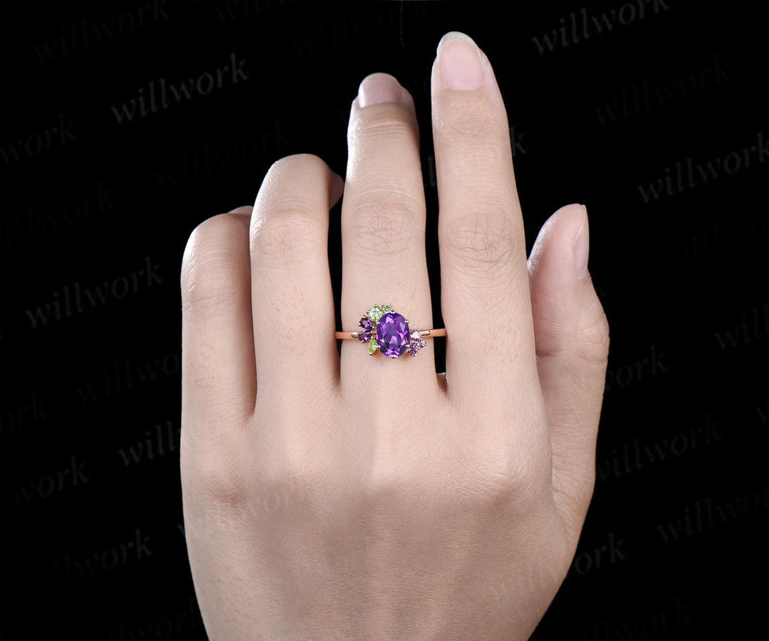 Oval cut purple amethyst engagement ring 14k rose gold cluster peridot ring women anniversary gift for her February birthstone ring silver