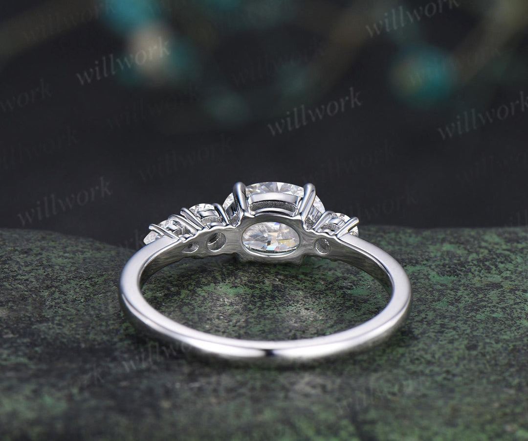 Oval cut lab grown diamond engagement ring 14k white gold Minimalist east to west four stone moissanite wedding promise ring women