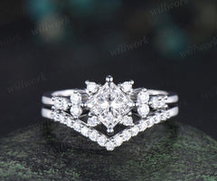 Princess cut lab grown diamond ring white gold cluster unique engagement ring set stacking moissanite bridal promise ring set women