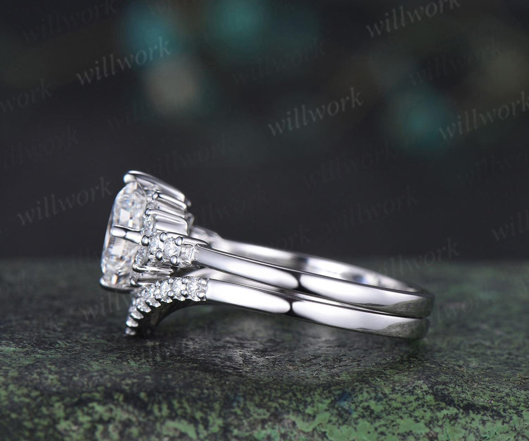 Princess cut lab grown diamond ring white gold cluster unique engagement ring set stacking moissanite bridal promise ring set women