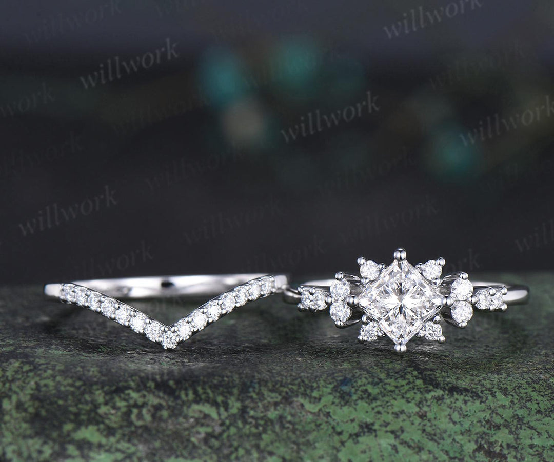 Princess cut lab grown diamond ring white gold cluster unique engagement ring set stacking moissanite bridal promise ring set women