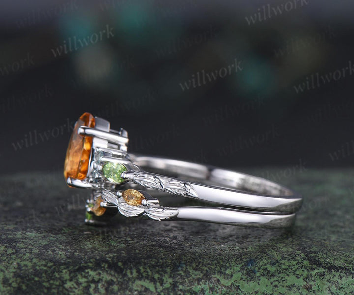 Vintage pear yellow citrine engagement ring set solid 14k white gold alexandrite peridot art deco leaf bridal ring set women