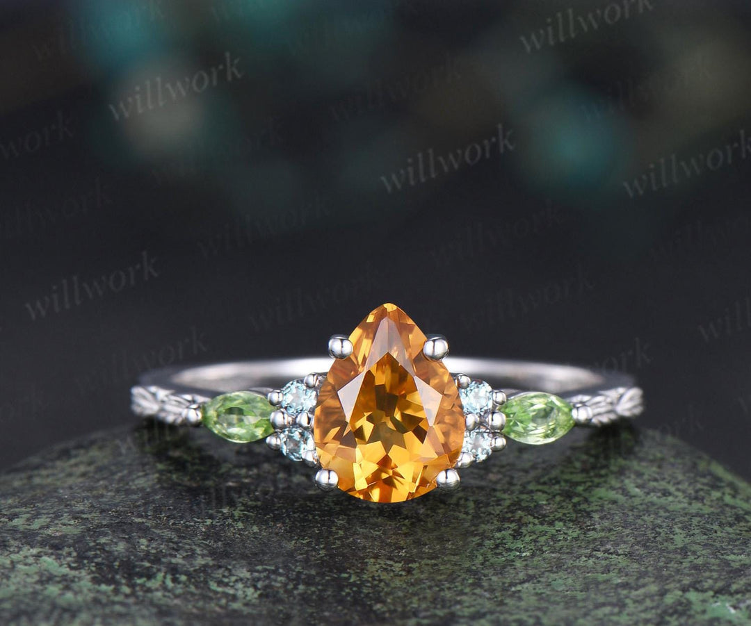 Vintage pear yellow citrine engagement ring set solid 14k white gold alexandrite peridot art deco leaf bridal ring set women