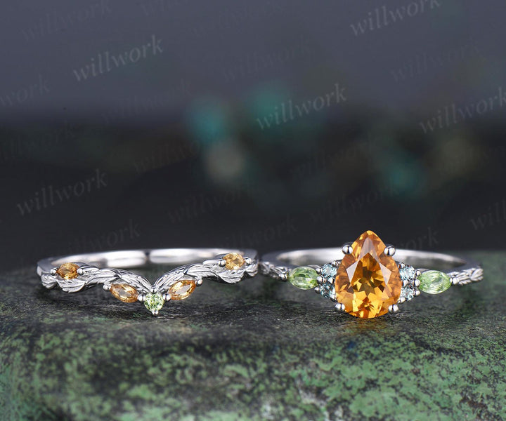 Vintage pear yellow citrine engagement ring set solid 14k white gold alexandrite peridot art deco leaf bridal ring set women