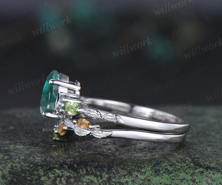 Vintage pear green emerald engagement ring set solid 14k white gold alexandrite peridot citrine art deco leaf wedding ring set women