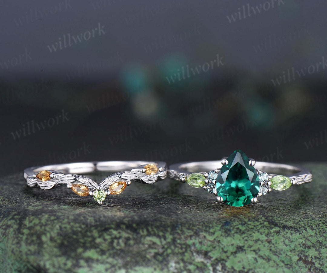 Vintage pear green emerald engagement ring set solid 14k white gold alexandrite peridot citrine art deco leaf wedding ring set women