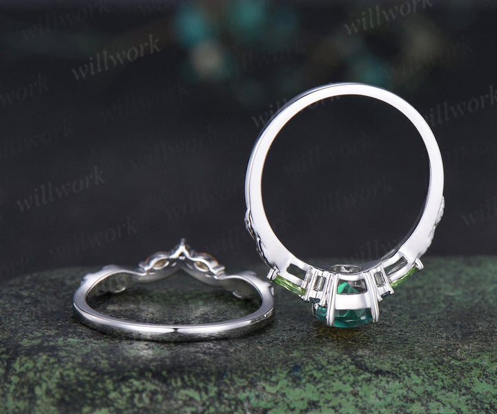 Vintage pear green emerald engagement ring set solid 14k white gold alexandrite peridot citrine art deco leaf wedding ring set women