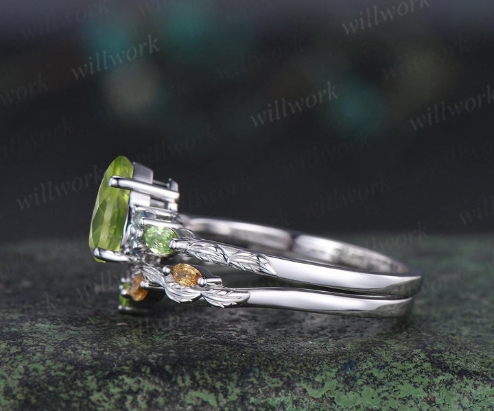 Vintage pear peridot engagement ring set solid 14k white gold alexandrite citrine art deco leaf wedding ring set women silver