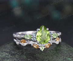 Vintage pear peridot engagement ring set solid 14k white gold alexandrite citrine art deco leaf wedding ring set women silver
