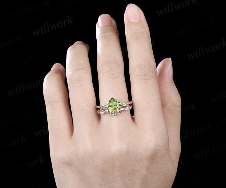 Vintage pear peridot engagement ring set solid 14k white gold alexandrite citrine art deco leaf wedding ring set women silver