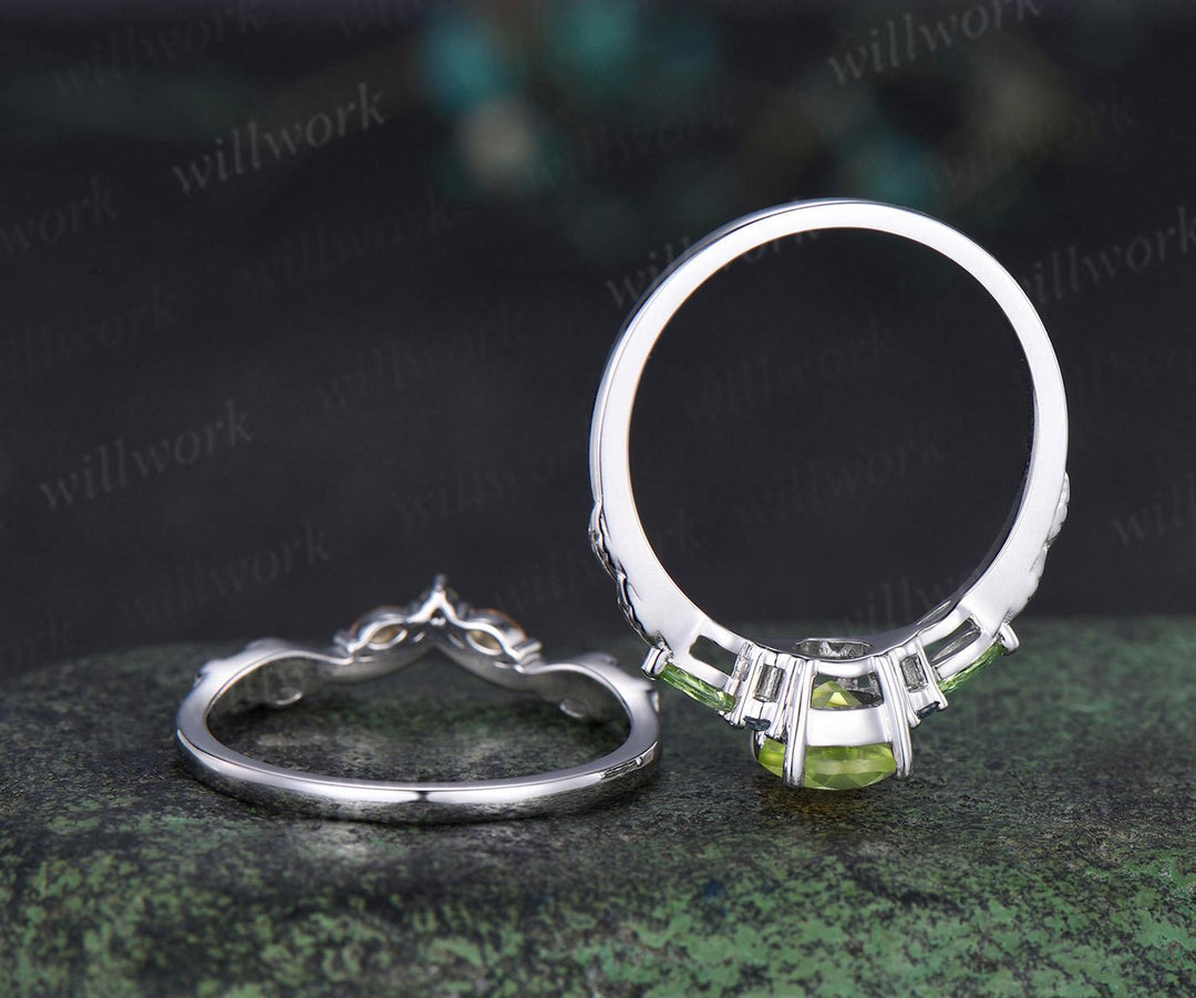 Vintage pear peridot engagement ring set solid 14k white gold alexandrite citrine art deco leaf wedding ring set women silver