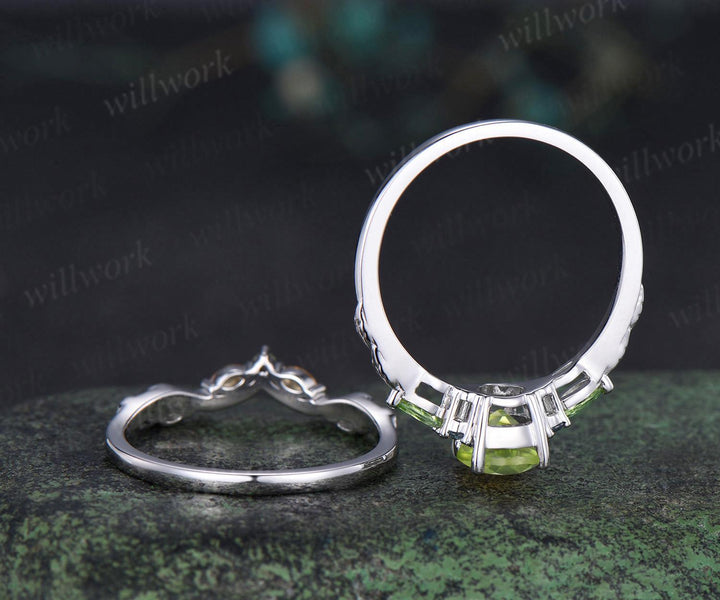 Vintage pear peridot engagement ring set solid 14k white gold alexandrite citrine art deco leaf wedding ring set women silver