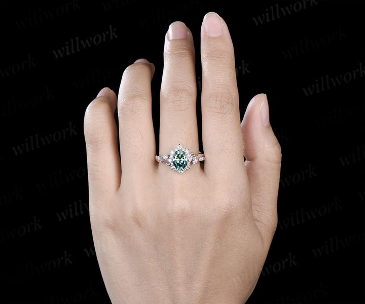 Vintage oval green moissanite engagement ring halo diamond ring 14k white gold art deco unique bridal promise ring women jewelry