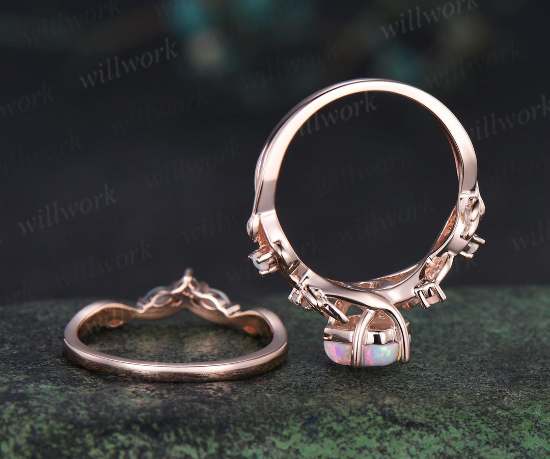 Vintage cushion white opal leaf engagement ring set 14k rose gold five stone cluster opal Nature inspired wedding ring set jewelry
