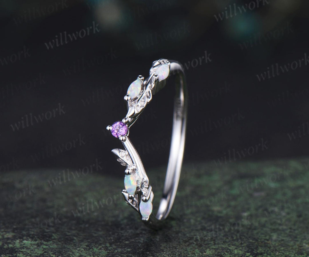 Curved amethyst marquise opal leaf wedding band solid 14k white gold stacking bridal wedding ring women