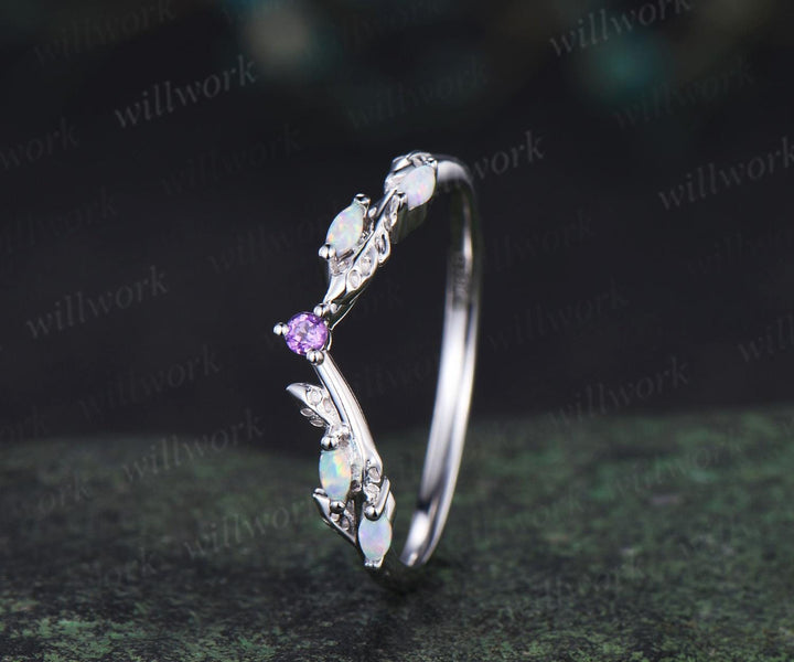 Curved amethyst marquise opal leaf wedding band solid 14k white gold stacking bridal wedding ring women