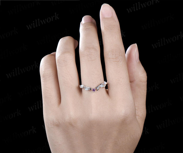 Curved amethyst marquise opal leaf wedding band solid 14k white gold stacking bridal wedding ring women