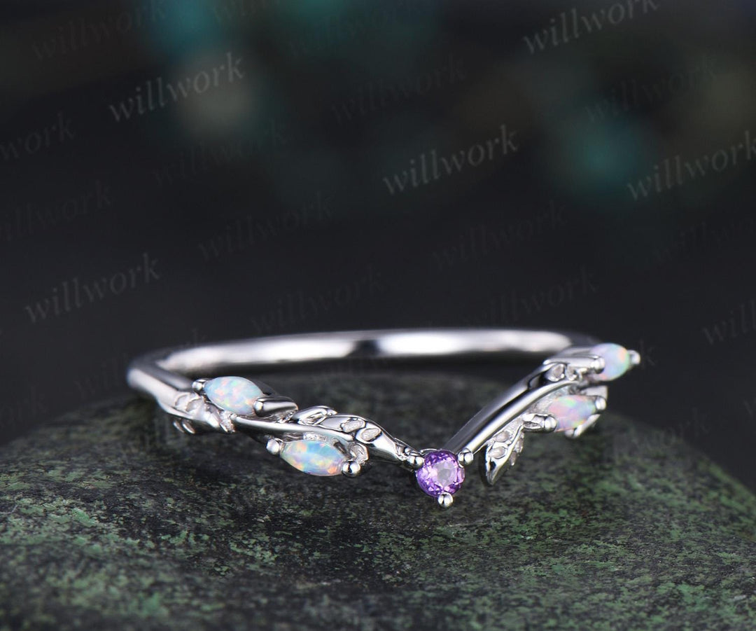 Curved amethyst marquise opal leaf wedding band solid 14k white gold stacking bridal wedding ring women