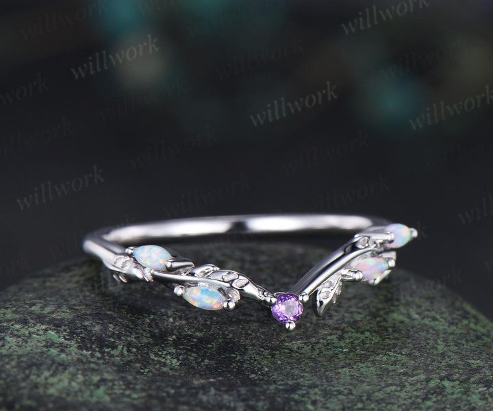 Curved amethyst marquise opal leaf wedding band solid 14k white gold stacking bridal wedding ring women