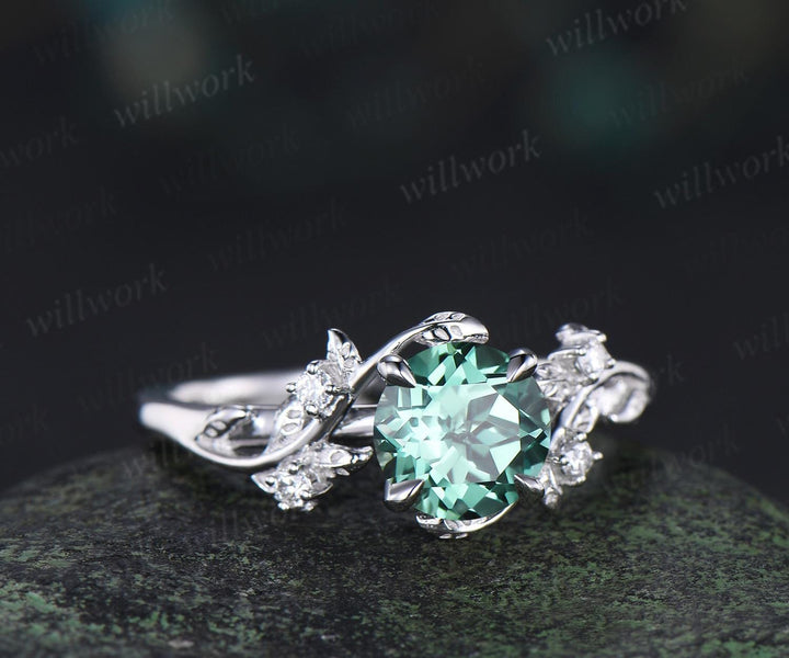 Vintage 1ct round green sapphire engagement ring leaf 14k white gold ring branch twig nature inspired five stone diamond promise ring women