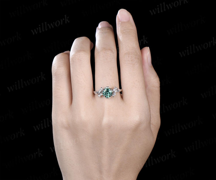 Vintage 1ct round green sapphire engagement ring leaf 14k white gold ring branch twig nature inspired five stone diamond promise ring women