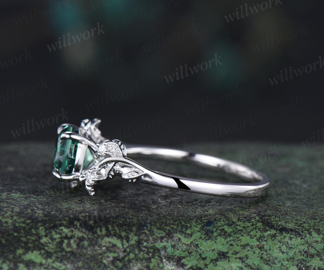 Vintage 1ct round green sapphire engagement ring leaf 14k white gold ring branch twig nature inspired five stone diamond promise ring women
