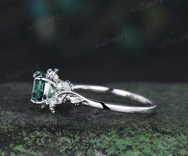 Vintage 1ct round green sapphire engagement ring leaf 14k white gold ring branch twig nature inspired five stone diamond promise ring women