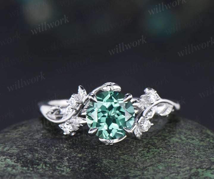 Vintage 1ct round green sapphire engagement ring leaf 14k white gold ring branch twig nature inspired five stone diamond promise ring women