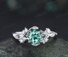 Vintage 1ct round green sapphire engagement ring leaf 14k white gold ring branch twig nature inspired five stone diamond promise ring women
