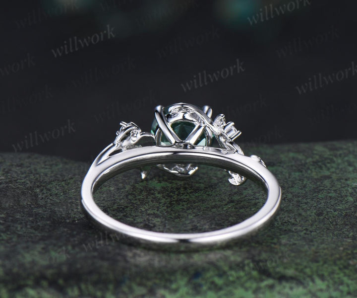 Vintage 1ct round green sapphire engagement ring leaf 14k white gold ring branch twig nature inspired five stone diamond promise ring women