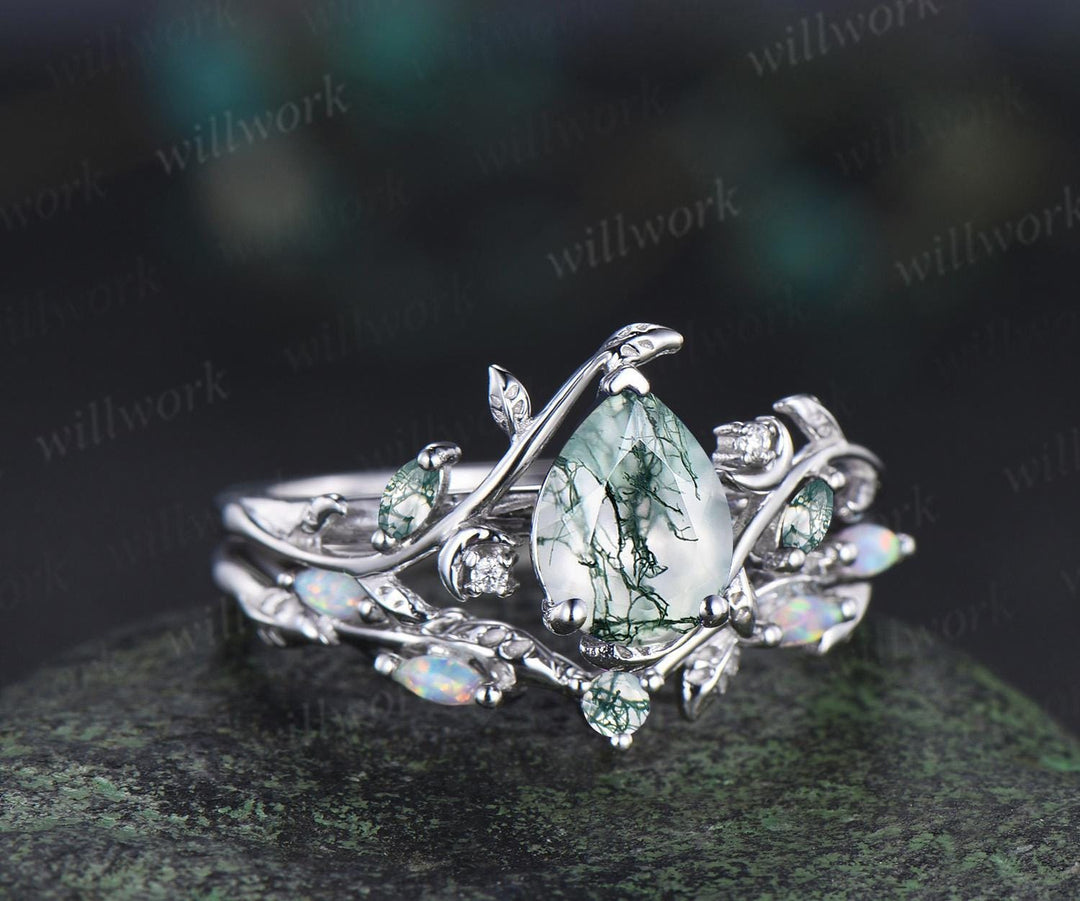 Teardrop pear cut moss agate ring vintage white gold leaf moon engagement ring set nature inspired marquise opal wedding ring silver