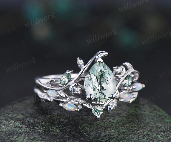 Teardrop pear cut moss agate ring vintage white gold leaf moon engagement ring set nature inspired marquise opal wedding ring silver