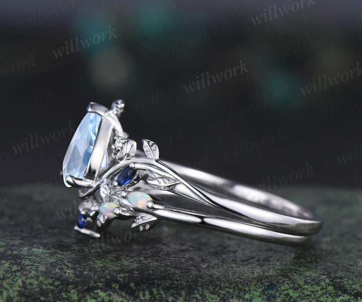 Teardrop pear cut aquamarine ring vintage white gold leaf moon engagement ring marquise opal sapphire ring silver unique bridal set women