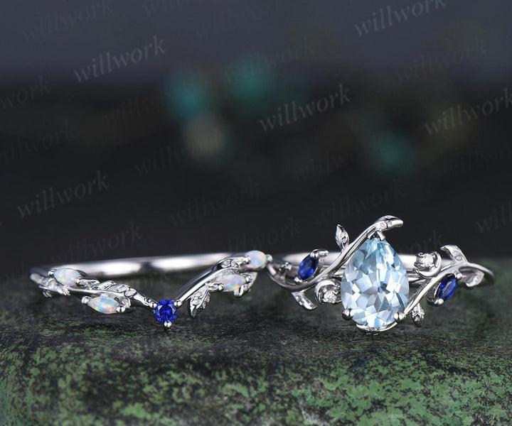Teardrop pear cut aquamarine ring vintage white gold leaf moon engagement ring marquise opal sapphire ring silver unique bridal set women