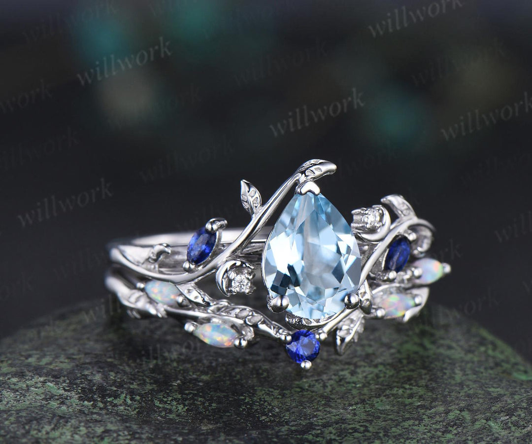 Teardrop pear cut aquamarine ring vintage white gold leaf moon engagement ring marquise opal sapphire ring silver unique bridal set women
