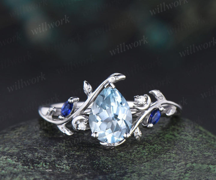 Teardrop pear cut aquamarine ring vintage white gold leaf moon engagement ring marquise opal sapphire ring silver unique bridal set women