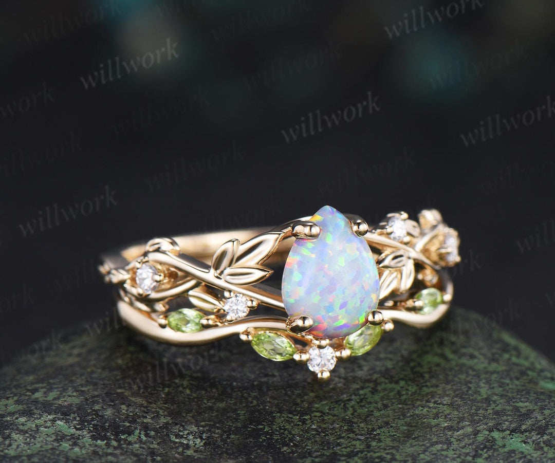 Teardrop pear shaped white opal ring vintage yellow gold infinity leaf engagement ring set peridot bridal ring set women jewelry