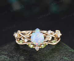 Teardrop pear shaped white opal ring vintage yellow gold infinity leaf engagement ring set peridot bridal ring set women jewelry