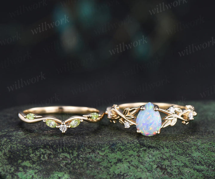 Teardrop pear shaped white opal ring vintage yellow gold infinity leaf engagement ring set peridot bridal ring set women jewelry