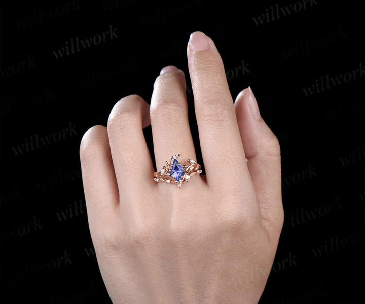Vintage kite cut tanzanite engagement ring 14k rose gold leaf nature inspired ring women unique cluster diamond bridal promise ring set