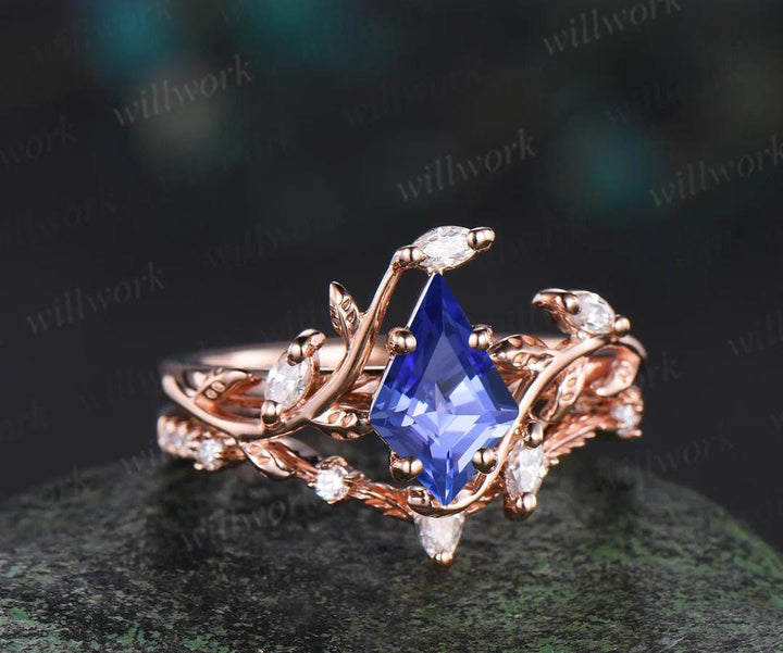 Vintage kite cut tanzanite engagement ring 14k rose gold leaf nature inspired ring women unique cluster diamond bridal promise ring set