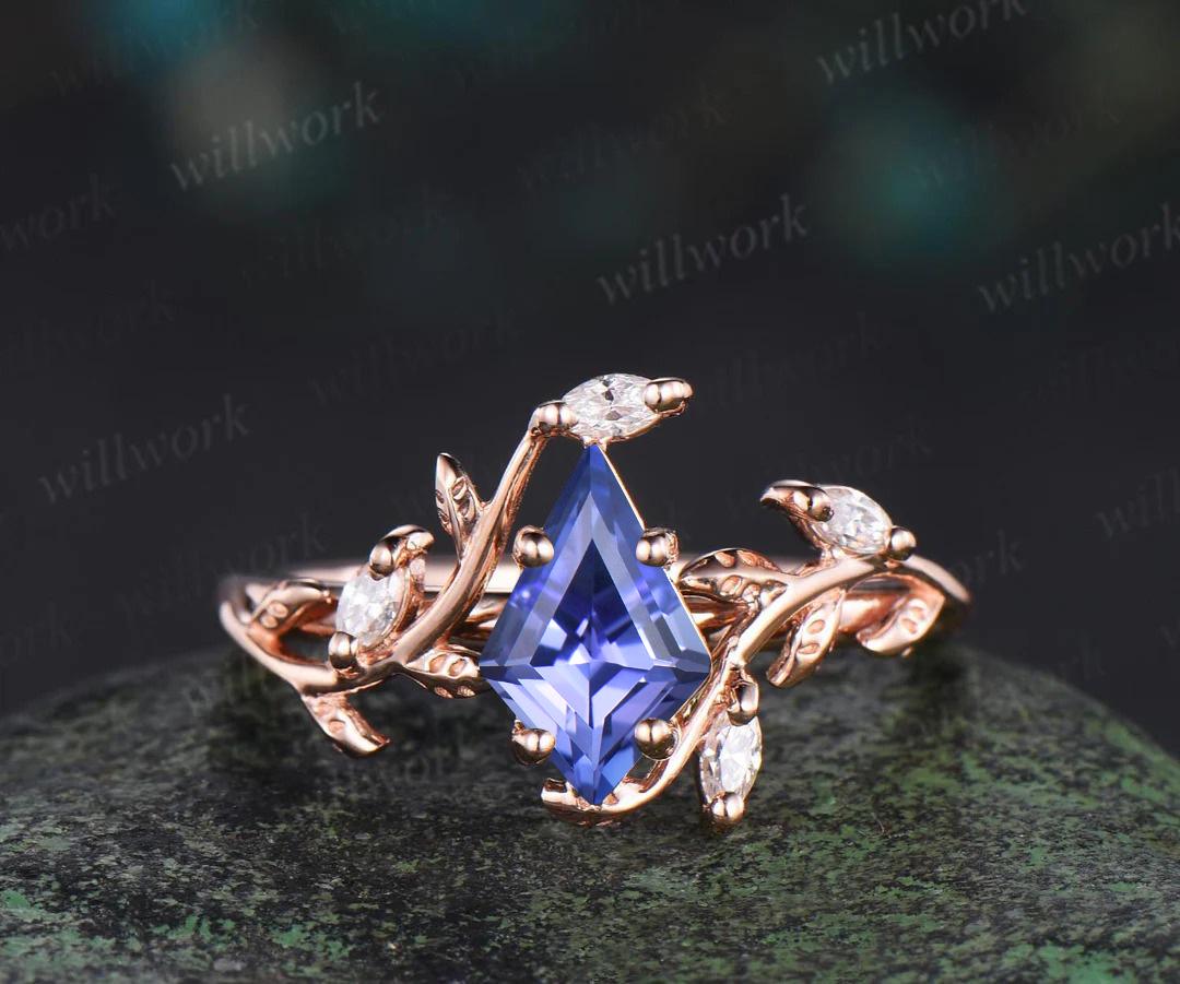 Vintage kite cut tanzanite engagement ring 14k rose gold leaf nature inspired ring women unique cluster diamond bridal promise ring set